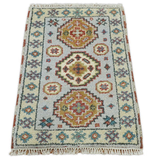 Small 2x3 Gray and Camel Wool Hand Knotted traditional Persian Vintage Antique Southwestern Kazak | TRDCP28123