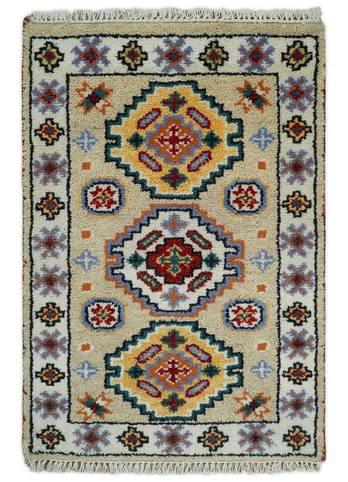 Small 2x3 Gray and Camel Wool Hand Knotted traditional Persian Vintage Antique Southwestern Kazak | TRDCP28123