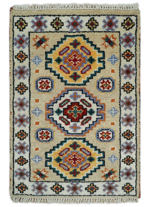 Small 2x3 Gray and Camel Wool Hand Knotted traditional Persian Vintage Antique Southwestern Kazak | TRDCP28123