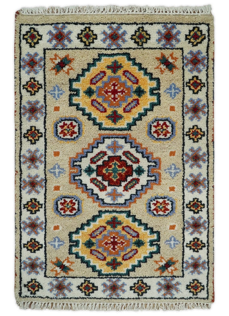 Small 2x3 Gray and Camel Wool Hand Knotted traditional Persian Vintage Antique Southwestern Kazak | TRDCP28123