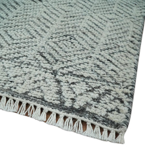 Small 2x3 Hand Knotted Ivory and Charcoal Tribal Design Wool Rug