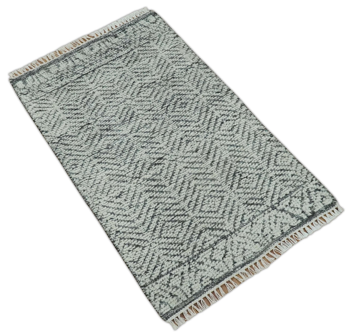 Small 2x3 Hand Knotted Ivory and Charcoal Tribal Design Wool Rug