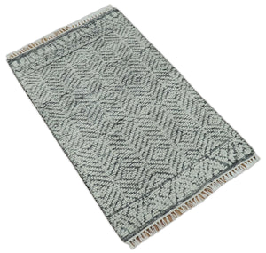 Small 2x3 Hand Knotted Ivory and Charcoal Tribal Design Wool Rug