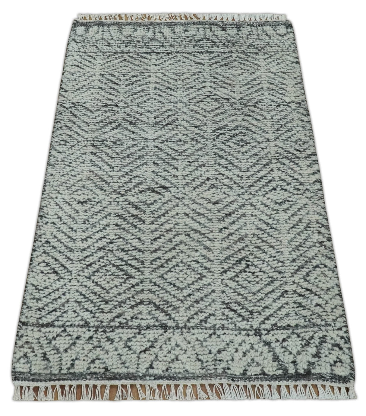 Small 2x3 Hand Knotted Ivory and Charcoal Tribal Design Wool Rug
