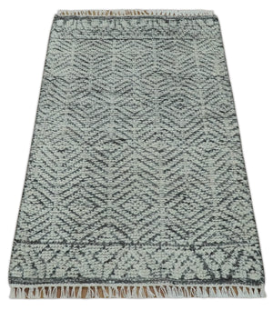 Small 2x3 Hand Knotted Ivory and Charcoal Tribal Design Wool Rug