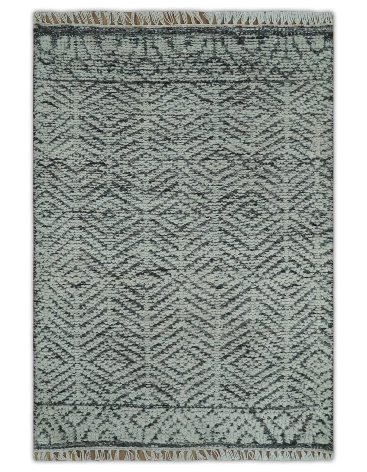 Small 2x3 Hand Knotted Ivory and Charcoal Tribal Design Wool Rug