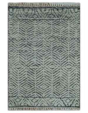 Small 2x3 Hand Knotted Ivory and Charcoal Tribal Design Wool Rug