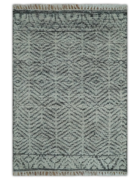 Small 2x3 Hand Knotted Ivory and Charcoal Tribal Design Wool Rug