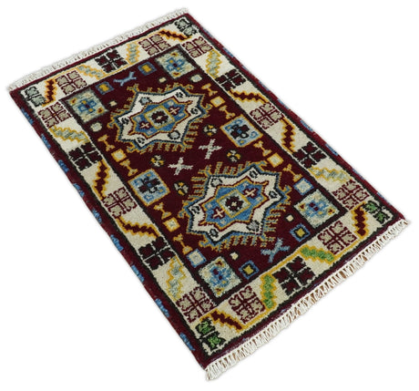 Small 2x3 Red and Beige Wool Hand Knotted traditional Persian Vintage Antique Southwestern Kazak | TRDCP20223
