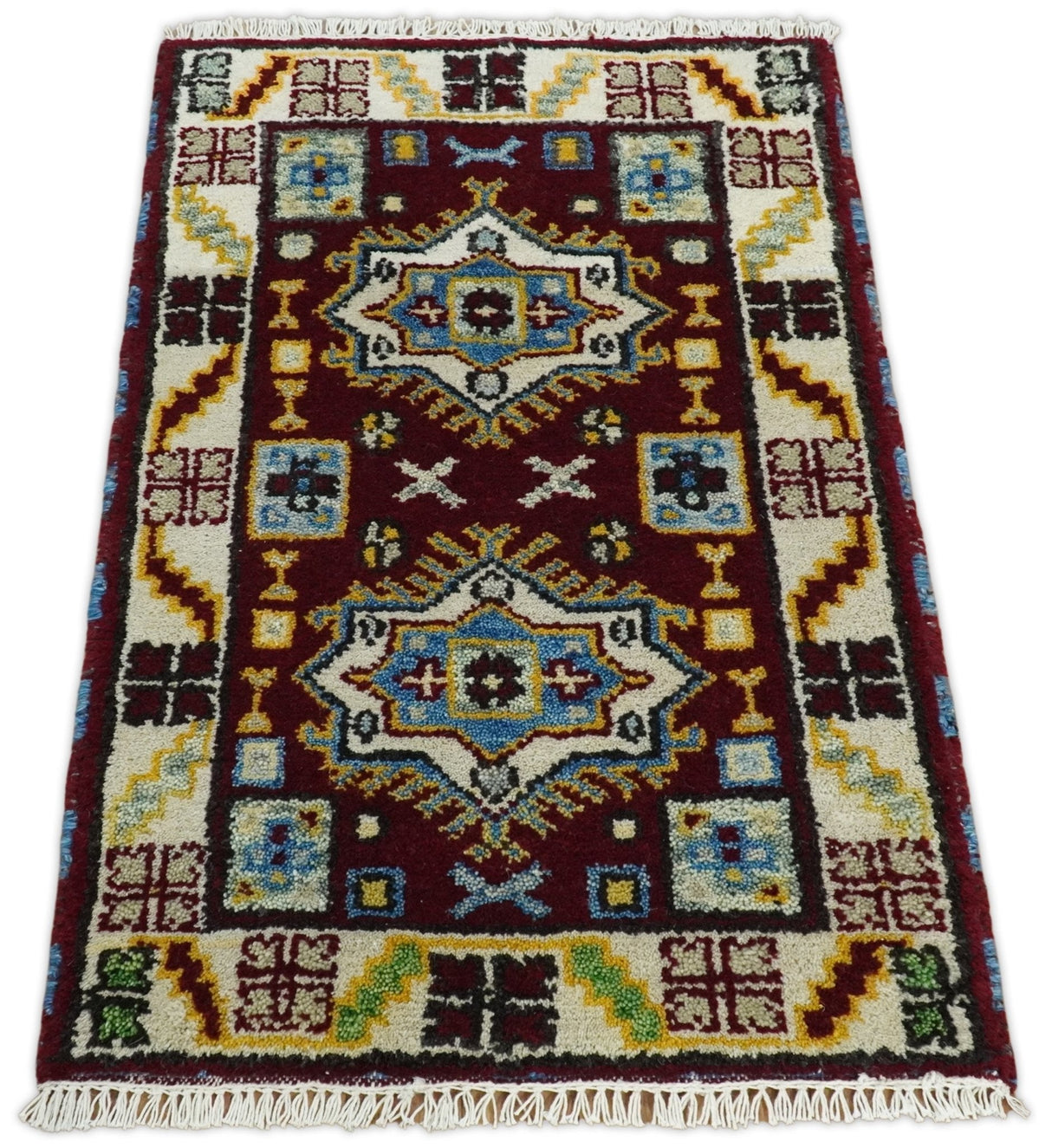 Small 2x3 Red and Beige Wool Hand Knotted traditional Persian Vintage Antique Southwestern Kazak | TRDCP20223