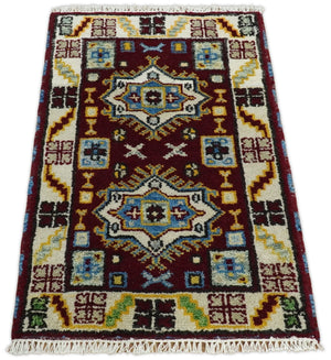 Small 2x3 Red and Beige Wool Hand Knotted traditional Persian Vintage Antique Southwestern Kazak | TRDCP20223