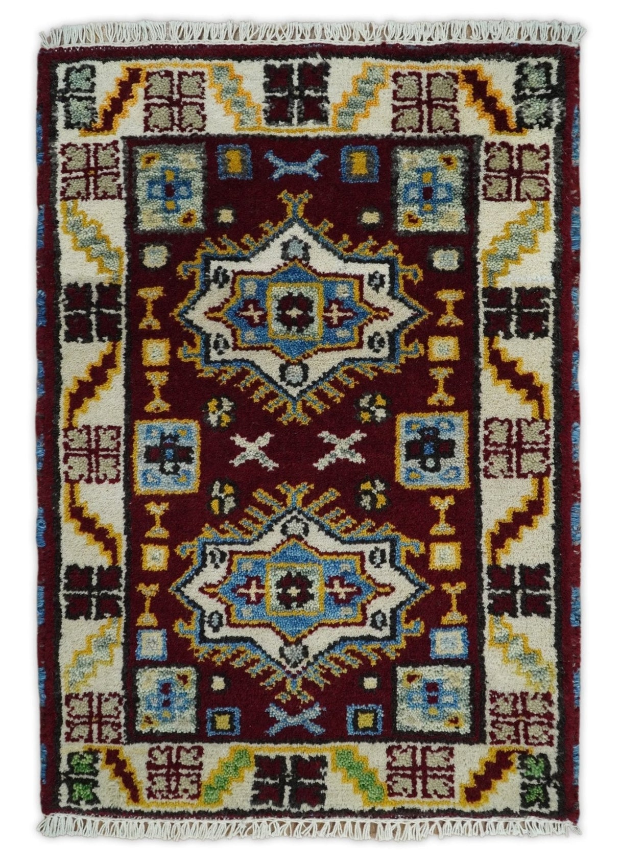 Small 2x3 Red and Beige Wool Hand Knotted traditional Persian Vintage Antique Southwestern Kazak | TRDCP20223
