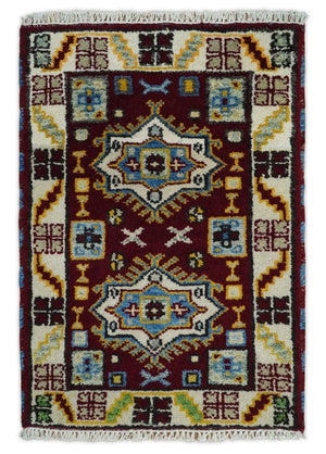 Small 2x3 Red and Beige Wool Hand Knotted traditional Persian Vintage Antique Southwestern Kazak | TRDCP20223