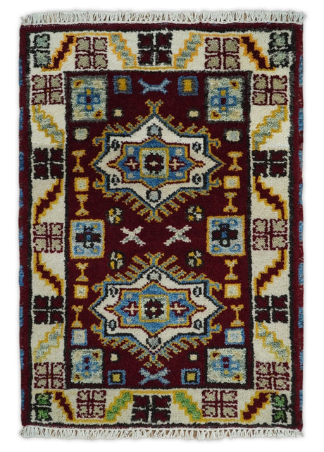 Small 2x3 Red and Beige Wool Hand Knotted traditional Persian Vintage Antique Southwestern Kazak | TRDCP20223