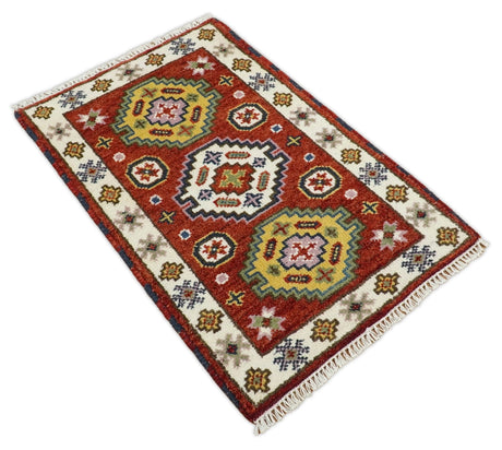 Small 2x3 Red and Ivory Wool Hand Knotted traditional Persian Vintage Antique Southwestern Kazak | TRDCP18323