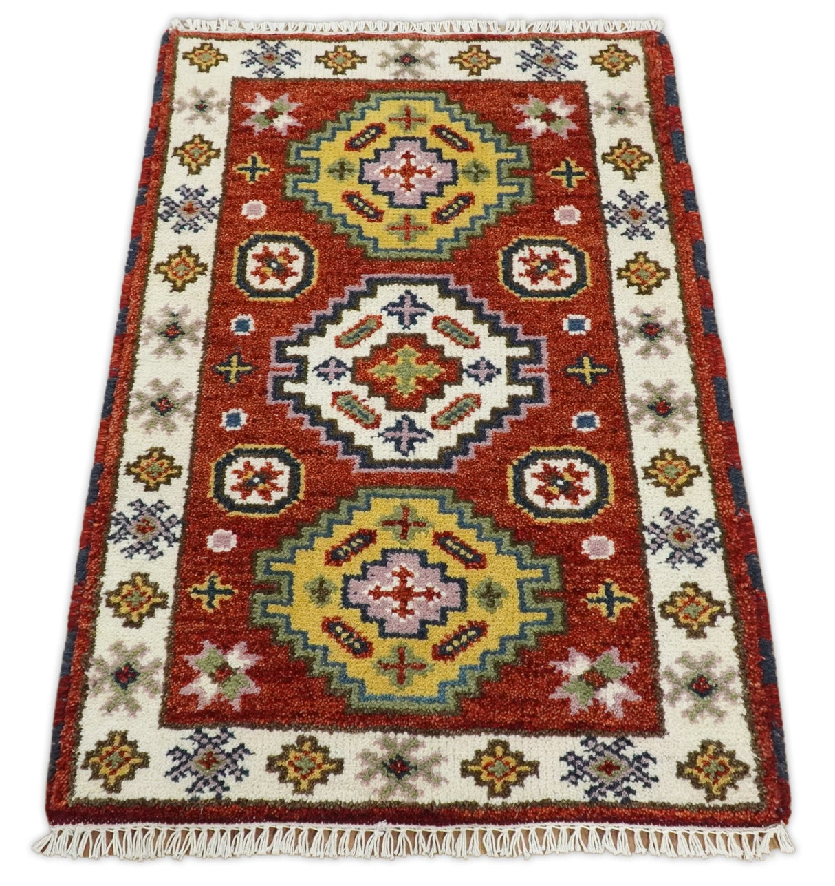 Small 2x3 Red and Ivory Wool Hand Knotted traditional Persian Vintage Antique Southwestern Kazak | TRDCP18323