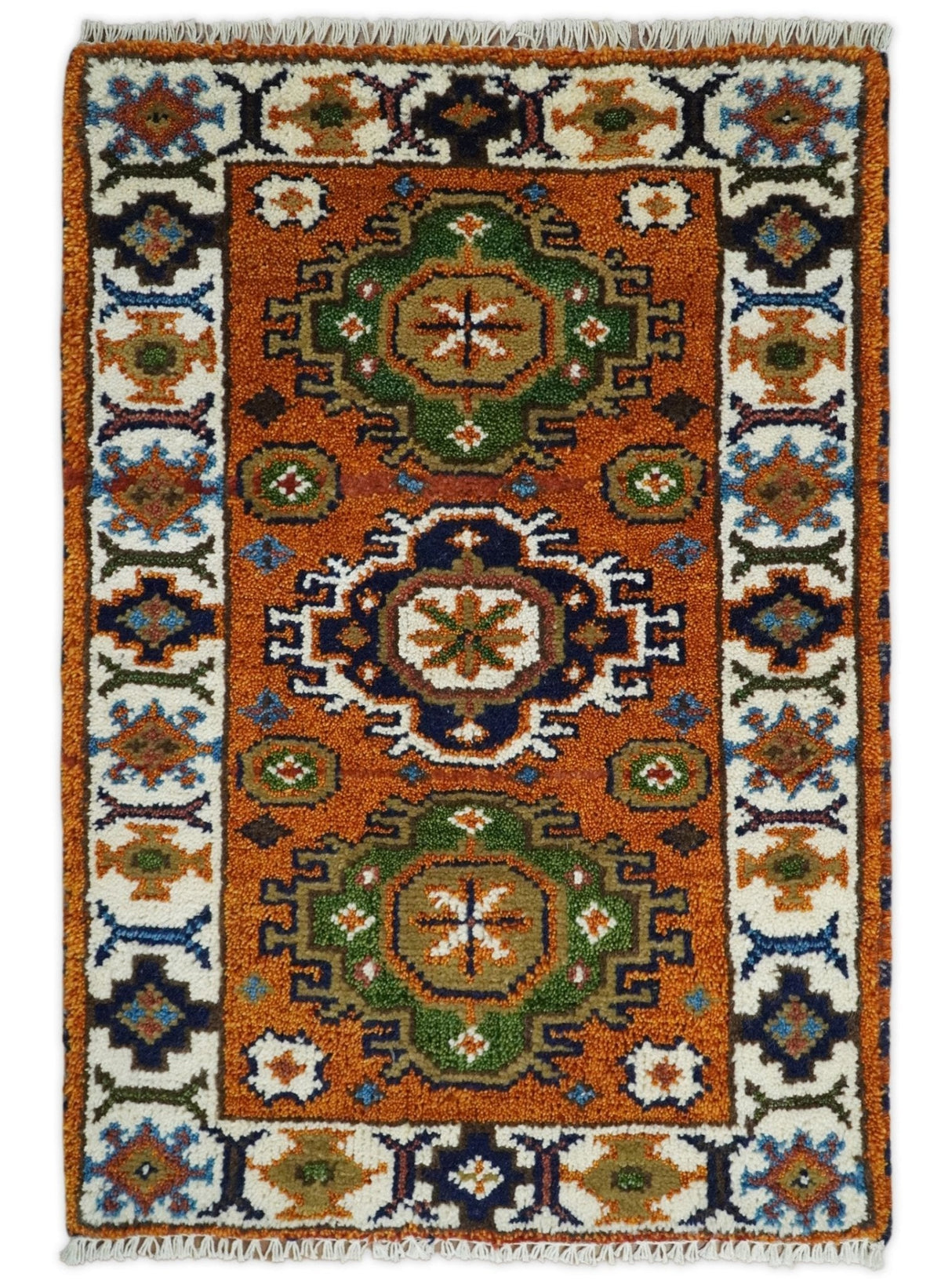 Small 2x3 Red and Ivory Wool Hand Knotted traditional Persian Vintage Antique Southwestern Kazak | TRDCP18323