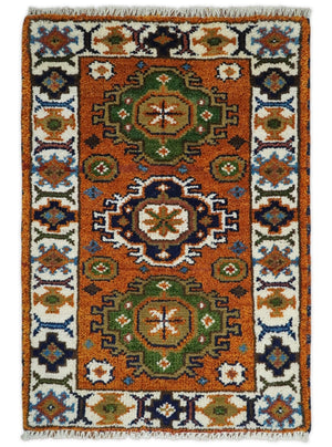 Small 2x3 Red and Ivory Wool Hand Knotted traditional Persian Vintage Antique Southwestern Kazak | TRDCP18323
