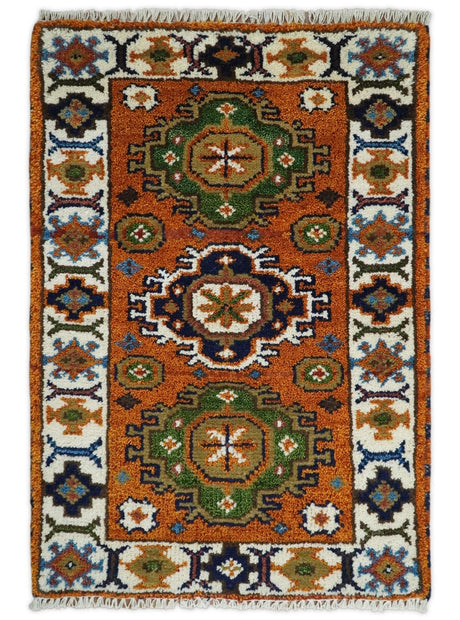 Small 2x3 Red and Ivory Wool Hand Knotted traditional Persian Vintage Antique Southwestern Kazak | TRDCP18323