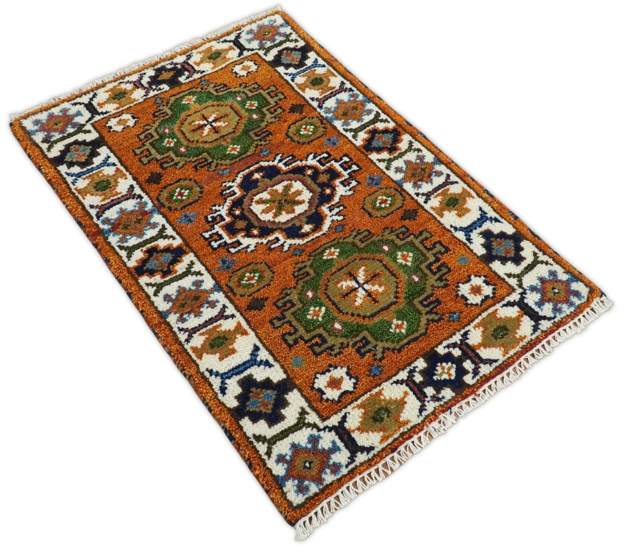 Small 2x3 Red and Ivory Wool Hand Knotted traditional Persian Vintage Antique Southwestern Kazak | TRDCP18323