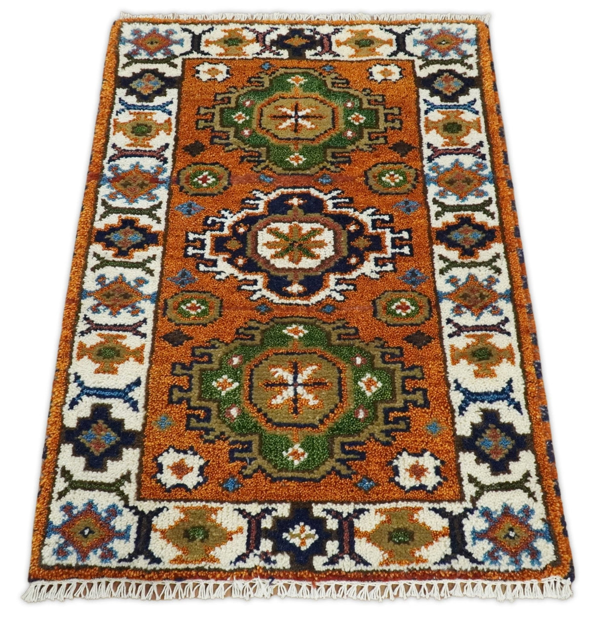 Small 2x3 Red and Ivory Wool Hand Knotted traditional Persian Vintage Antique Southwestern Kazak | TRDCP18323