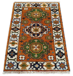 Small 2x3 Red and Ivory Wool Hand Knotted traditional Persian Vintage Antique Southwestern Kazak | TRDCP18323