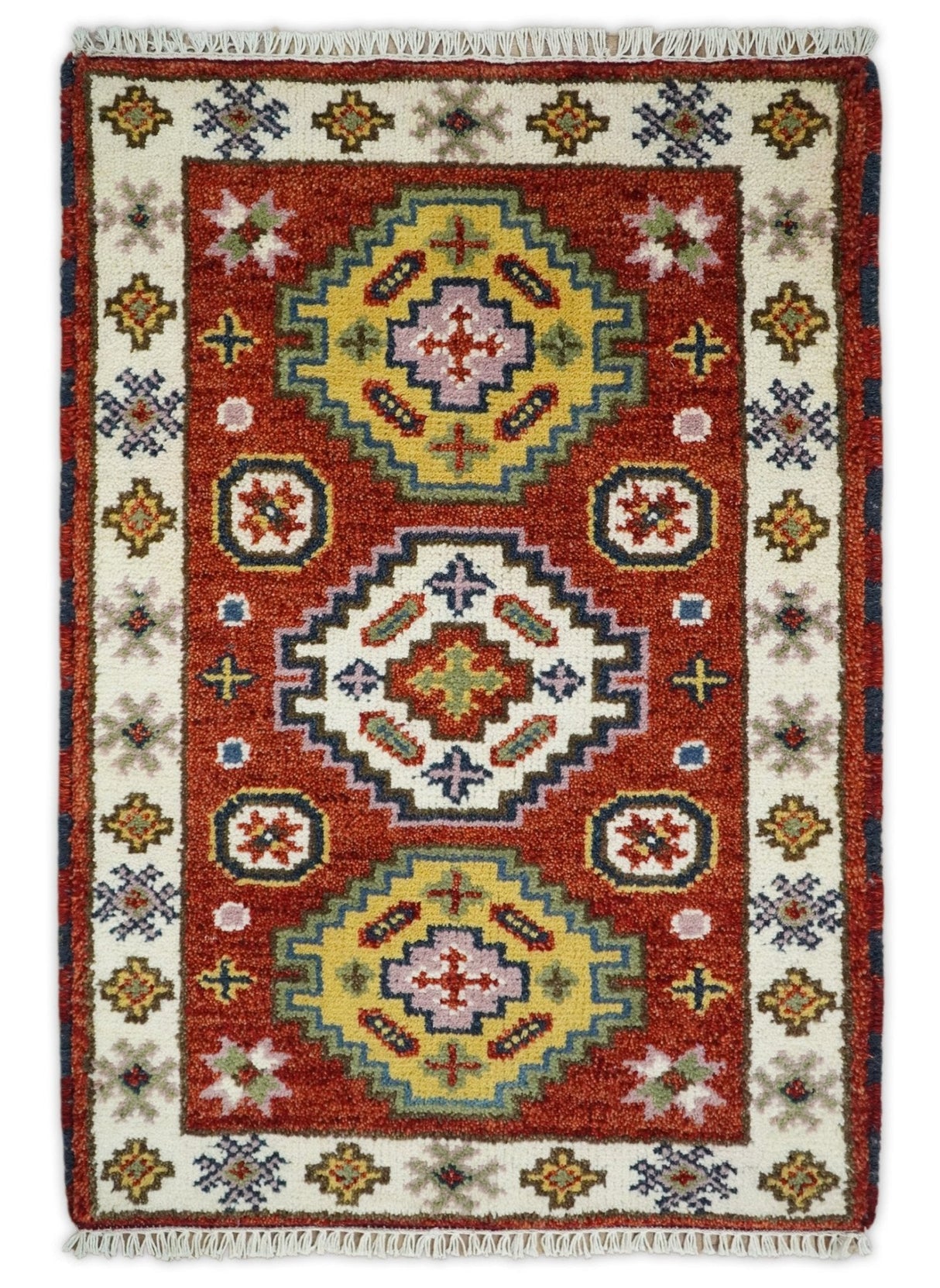 Small 2x3 Red and Ivory Wool Hand Knotted traditional Persian Vintage Antique Southwestern Kazak | TRDCP18323