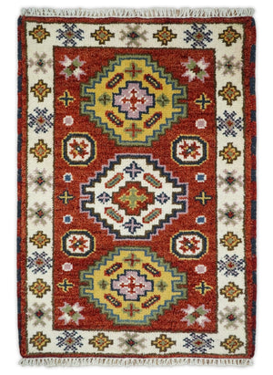 Small 2x3 Red and Ivory Wool Hand Knotted traditional Persian Vintage Antique Southwestern Kazak | TRDCP18323