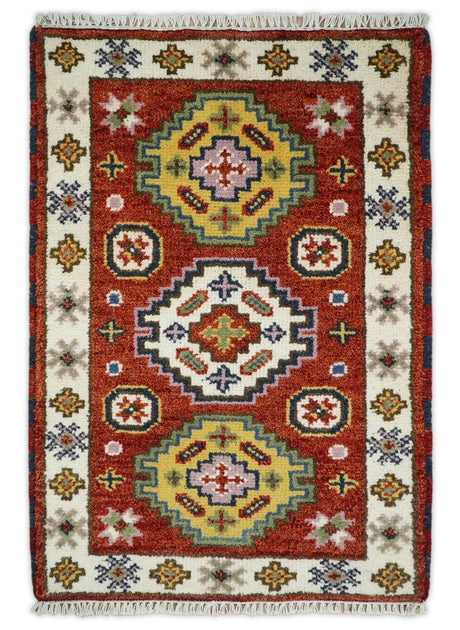 Small 2x3 Red and Ivory Wool Hand Knotted traditional Persian Vintage Antique Southwestern Kazak | TRDCP18323