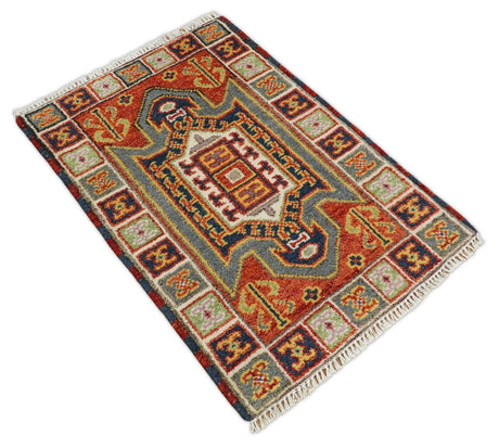 Small 2x3 Red and Ivory Wool Hand Knotted traditional Persian Vintage Antique Southwestern Kazak | TRDCP18923