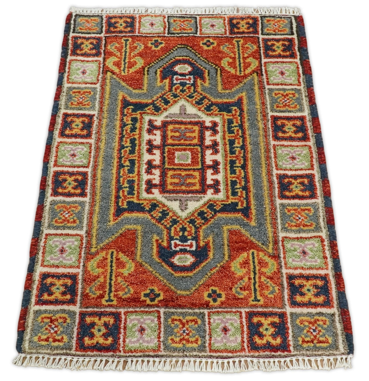 Small 2x3 Red and Ivory Wool Hand Knotted traditional Persian Vintage Antique Southwestern Kazak | TRDCP18923
