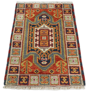 Small 2x3 Red and Ivory Wool Hand Knotted traditional Persian Vintage Antique Southwestern Kazak | TRDCP18923