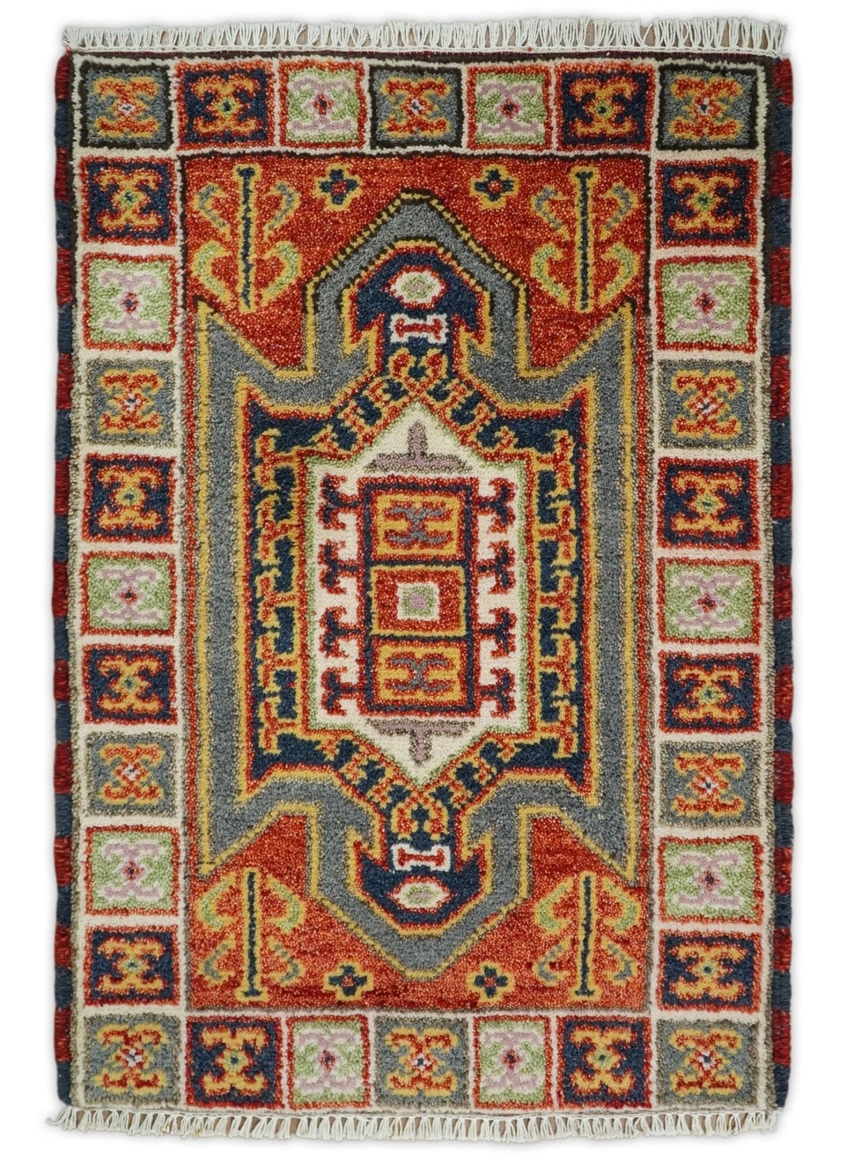 Small 2x3 Red and Ivory Wool Hand Knotted traditional Persian Vintage Antique Southwestern Kazak | TRDCP18923