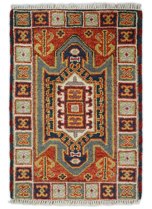Small 2x3 Red and Ivory Wool Hand Knotted traditional Persian Vintage Antique Southwestern Kazak | TRDCP18923