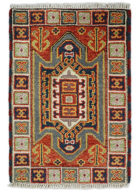 Small 2x3 Red and Ivory Wool Hand Knotted traditional Persian Vintage Antique Southwestern Kazak | TRDCP18923