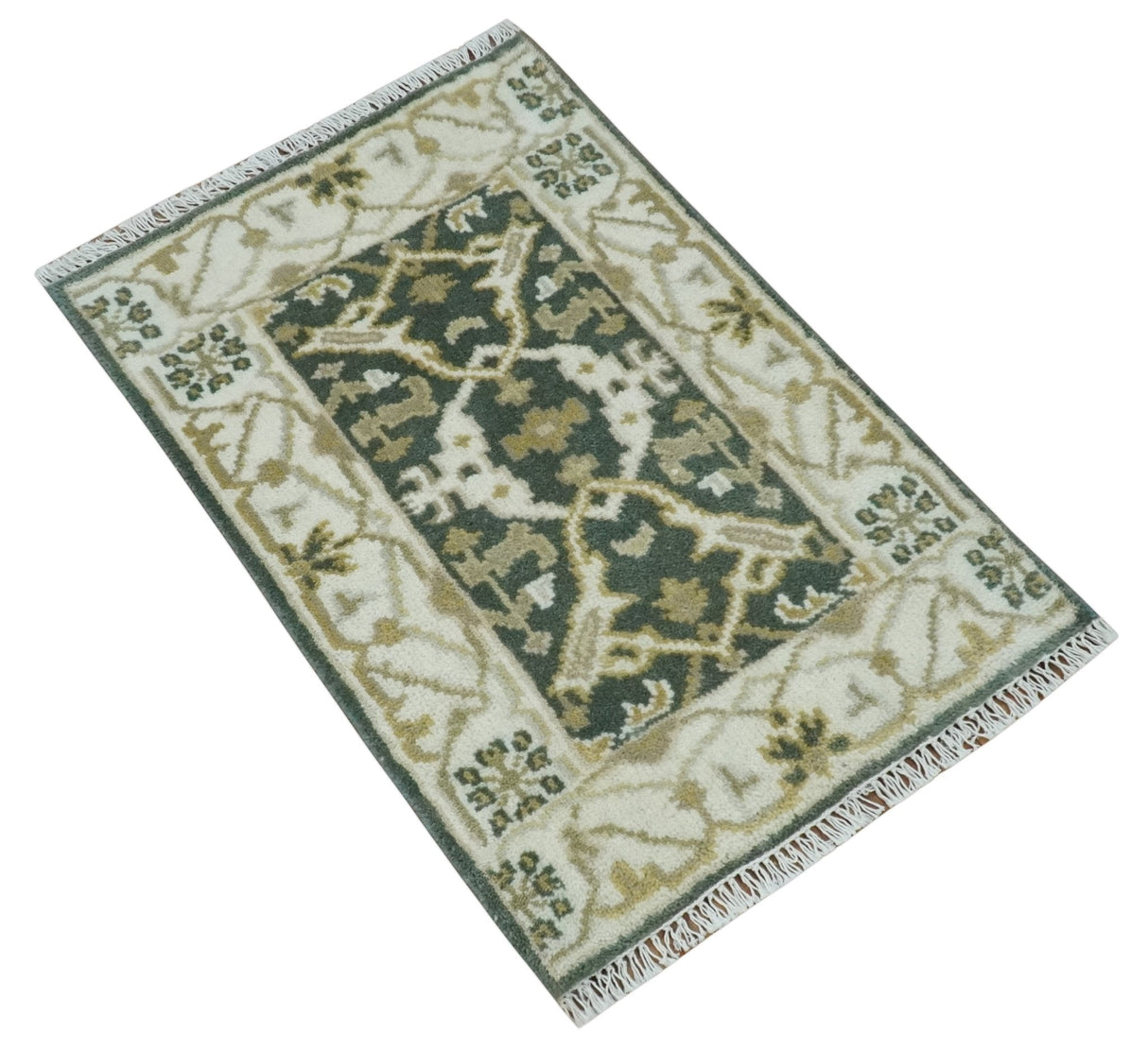 Small Entryway 2x3 Gray, Ivory and Beige Hand Knotted Oriental Oushak Wool Area Rug