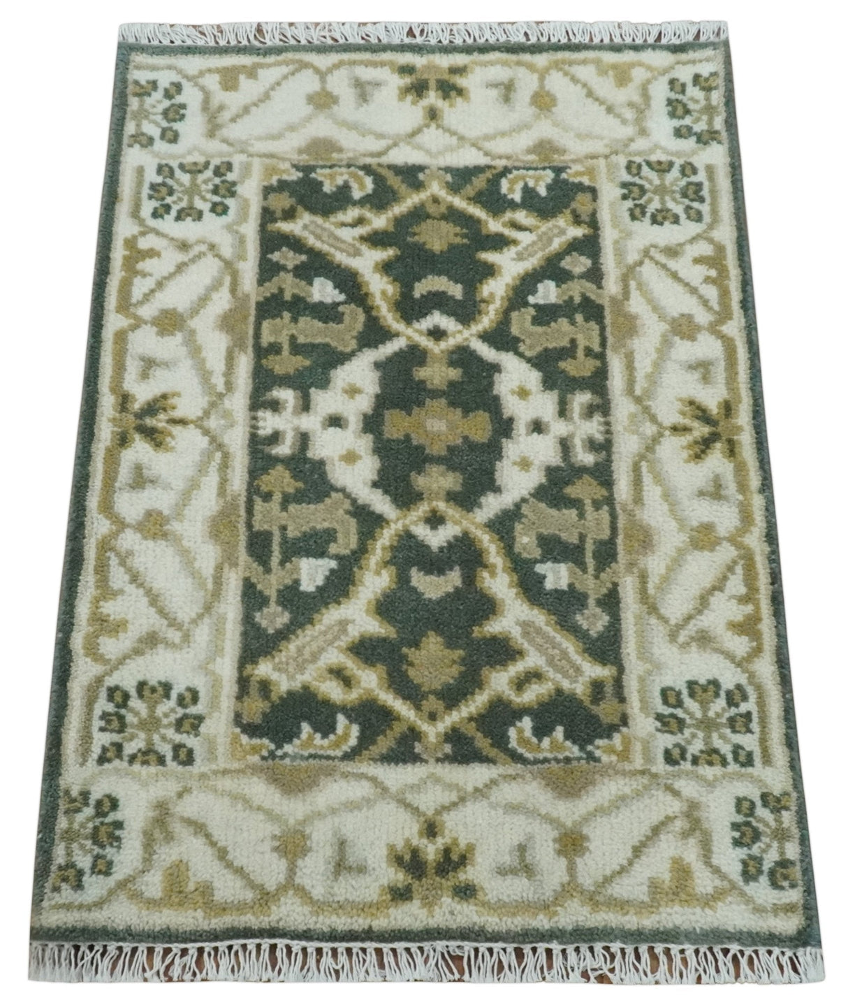 Small Entryway 2x3 Gray, Ivory and Beige Hand Knotted Oriental Oushak Wool Area Rug