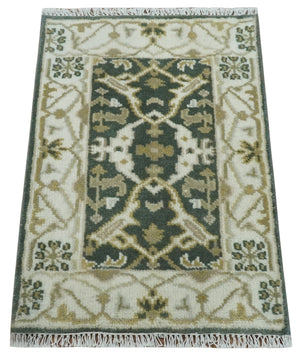 Small Entryway 2x3 Gray, Ivory and Beige Hand Knotted Oriental Oushak Wool Area Rug