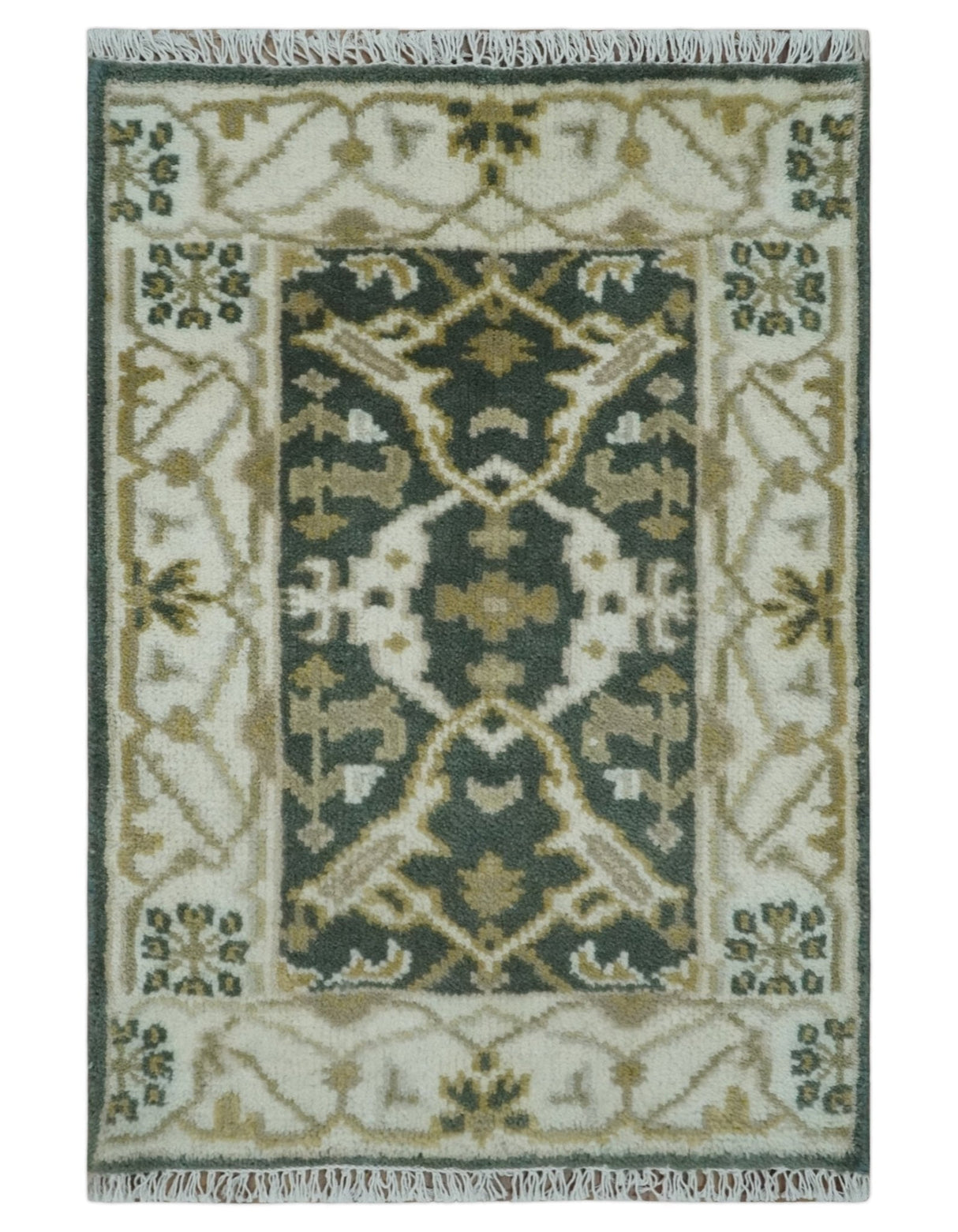Small Entryway 2x3 Gray, Ivory and Beige Hand Knotted Oriental Oushak Wool Area Rug
