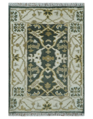 Small Entryway 2x3 Gray, Ivory and Beige Hand Knotted Oriental Oushak Wool Area Rug