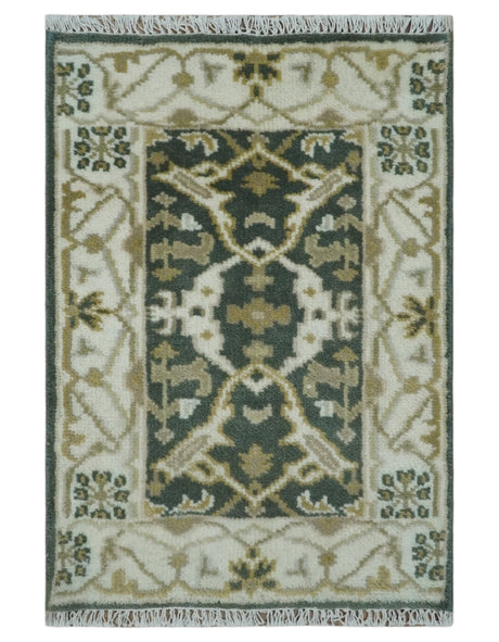 Small Entryway 2x3 Gray, Ivory and Beige Hand Knotted Oriental Oushak Wool Area Rug