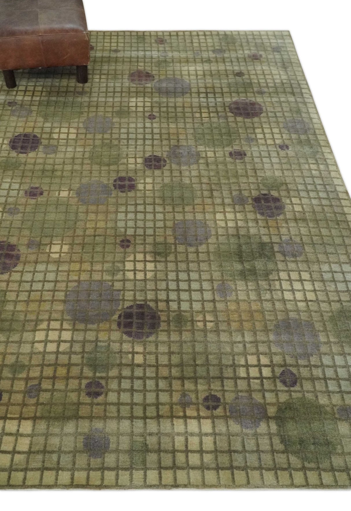 Soft Green, Olive and Purple Geometrical Polka Dot 5x8 Hand knotted Rug