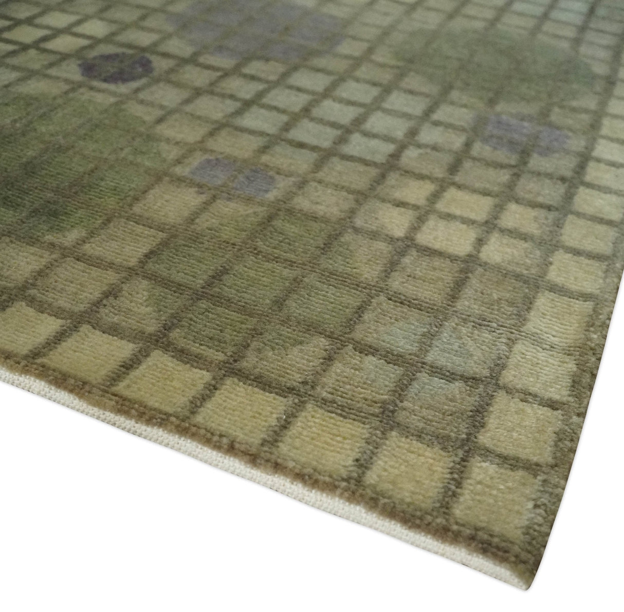 Soft Green, Olive and Purple Geometrical Polka Dot 5x8 Hand knotted Rug