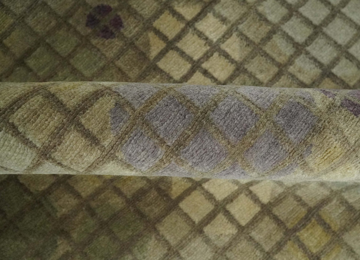 Soft Green, Olive and Purple Geometrical Polka Dot 5x8 Hand knotted Rug