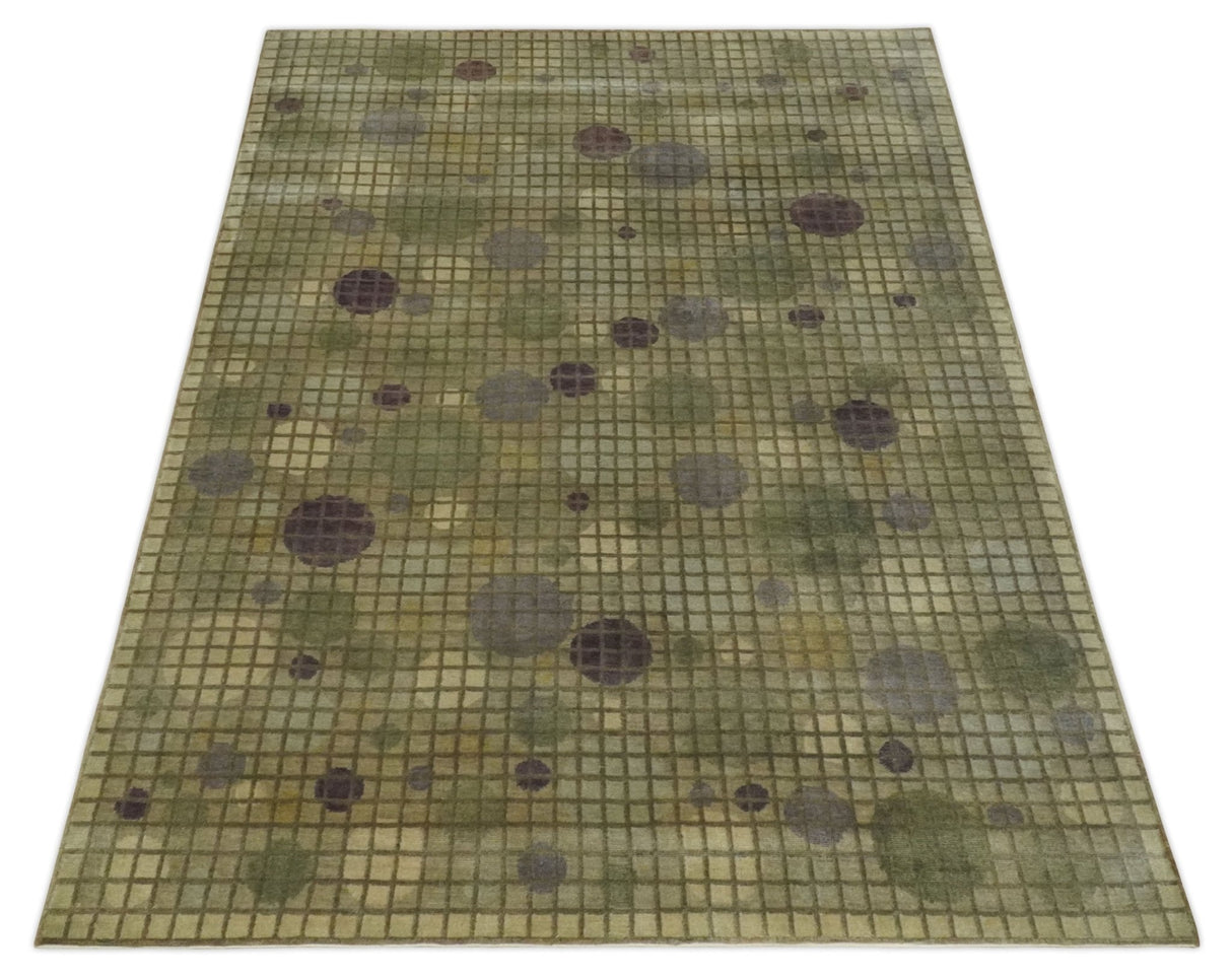 Soft Green, Olive and Purple Geometrical Polka Dot 5x8 Hand knotted Rug