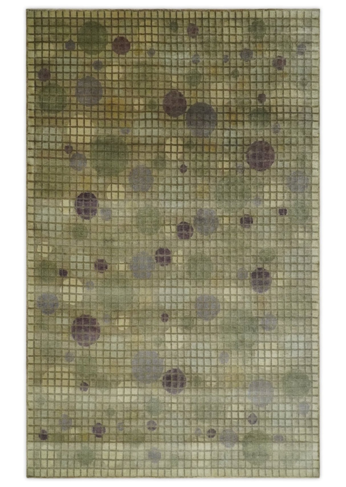 Soft Green, Olive and Purple Geometrical Polka Dot 5x8 Hand knotted Rug