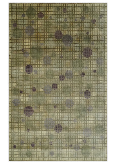 Soft Green, Olive and Purple Geometrical Polka Dot 5x8 Hand knotted Rug