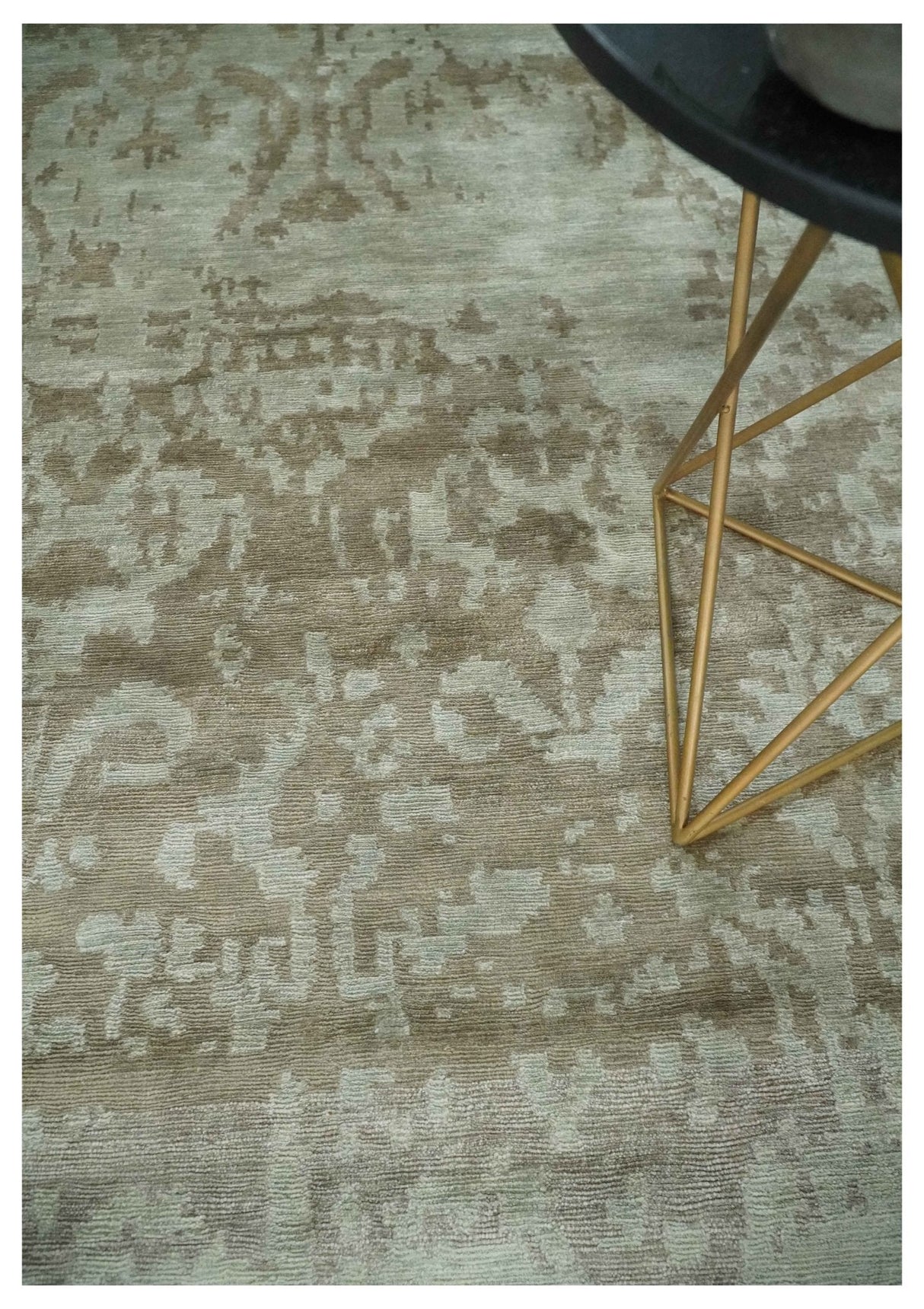 Soft and Cozy Modern Abstract Olive and Silver Hand knotted Bamboo Silk Area Rug