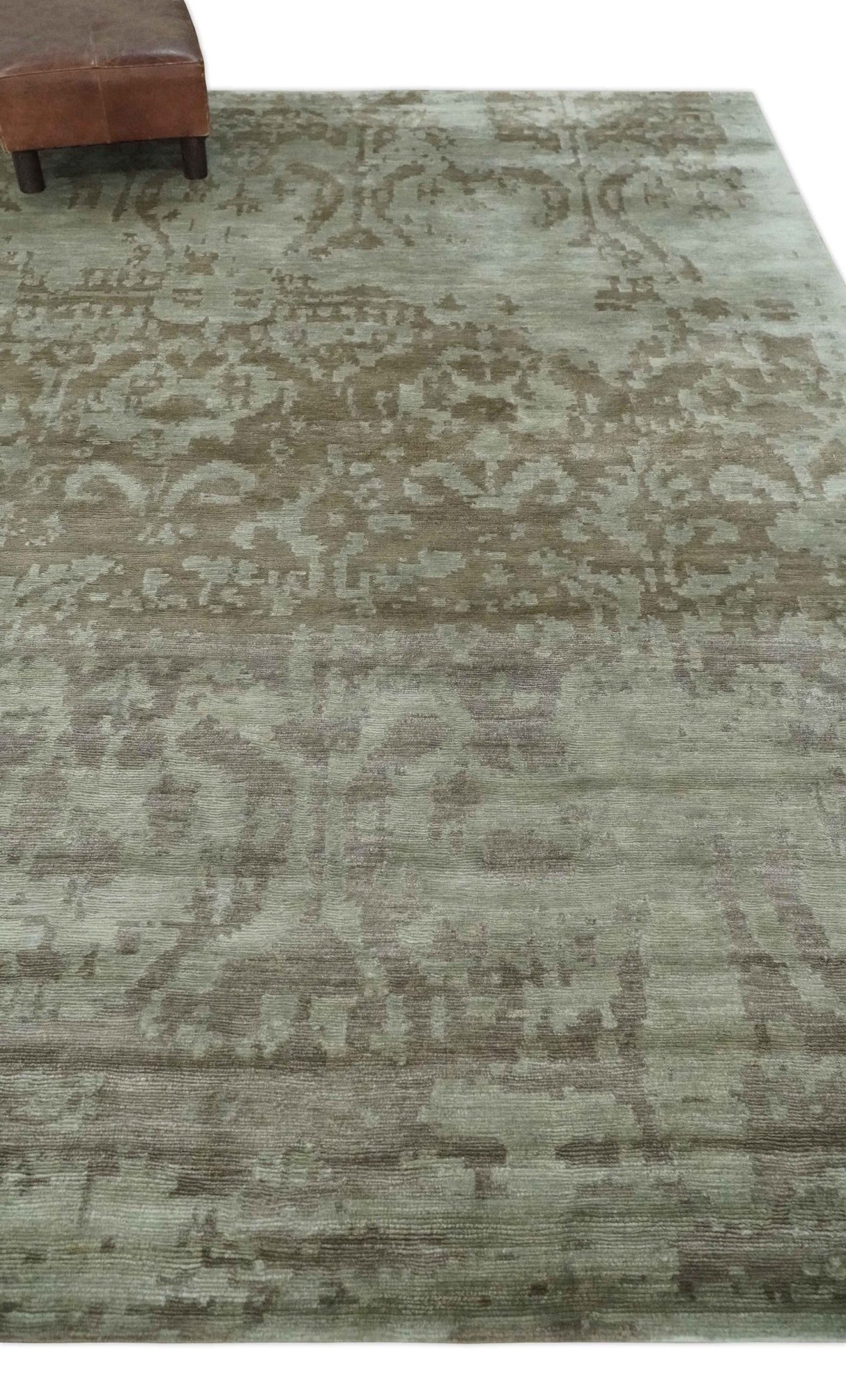 Soft and Cozy Modern Abstract Olive and Silver Hand knotted Bamboo Silk Area Rug