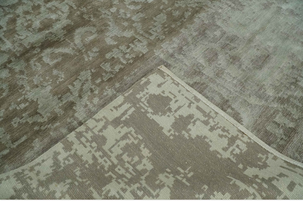 Soft and Cozy Modern Abstract Olive and Silver Hand knotted Bamboo Silk Area Rug